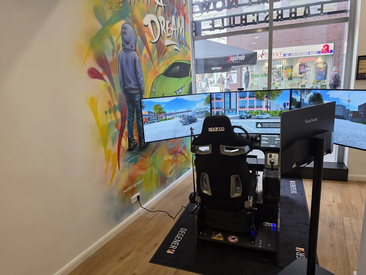 Fahrsimulator mit drei Monitoren vor dem Schaufenster am Langenhorner Markt – Fahrschule Academy Now