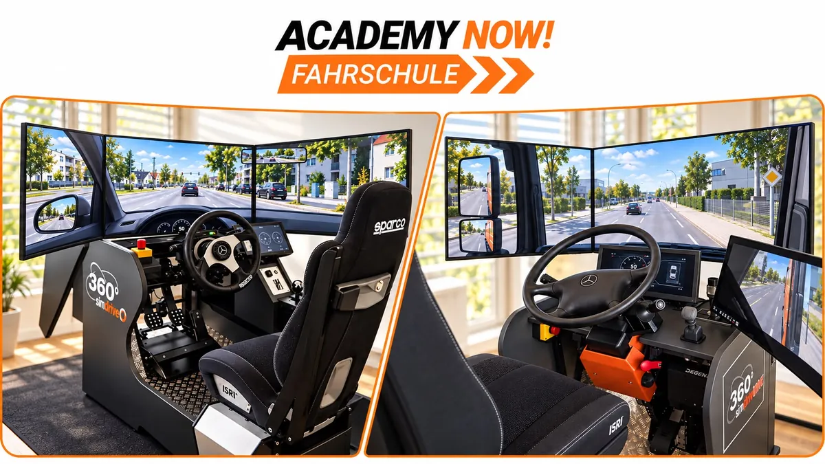 PKW-Fahrsimulator (an allen drei Standorten) und LKW-Simulator (in Hamburg-Mitte) der Fahrschule Academy Now in Hamburg