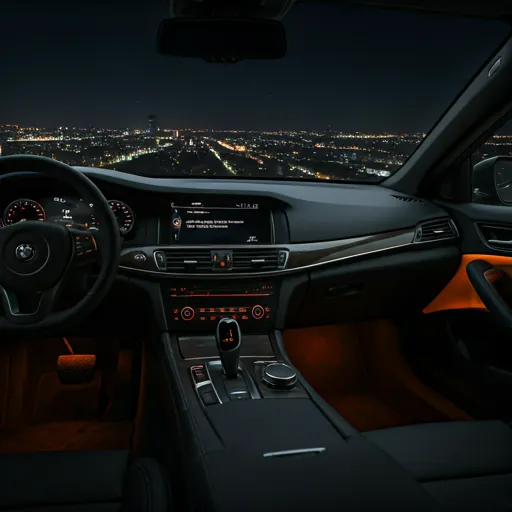 KI-generiertes Symbolbild: Auto-Armaturenbrett bei Nacht mit orangem Interieur – Begleitetes Fahren BF17 Hamburg