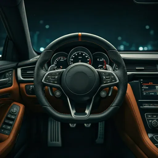 KI-generiertes Symbolbild: Lenkrad und Cockpit eines Autos bei Nacht – Intensivkurs Academy Now Hamburg