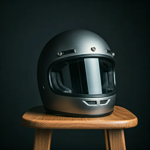 KI-generiertes Symbolbild: Motorradhelm auf einem Holzhocker – Schutzausrüstung für B196 und Motorradführerschein