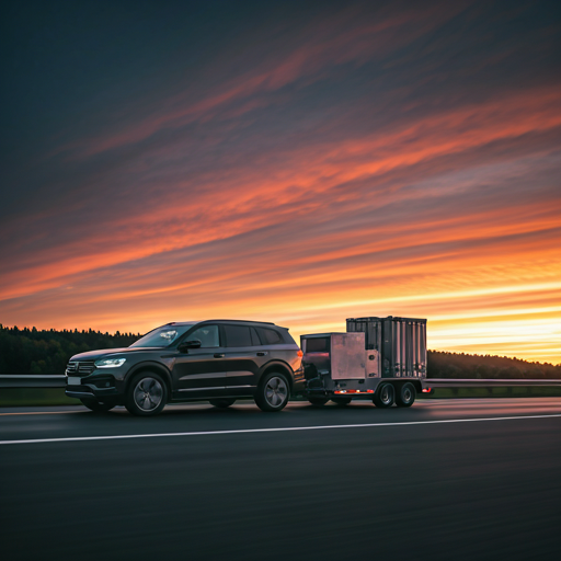 SUV zieht Anhänger auf malerischer Straße – Klasse BE Führerschein Hamburg