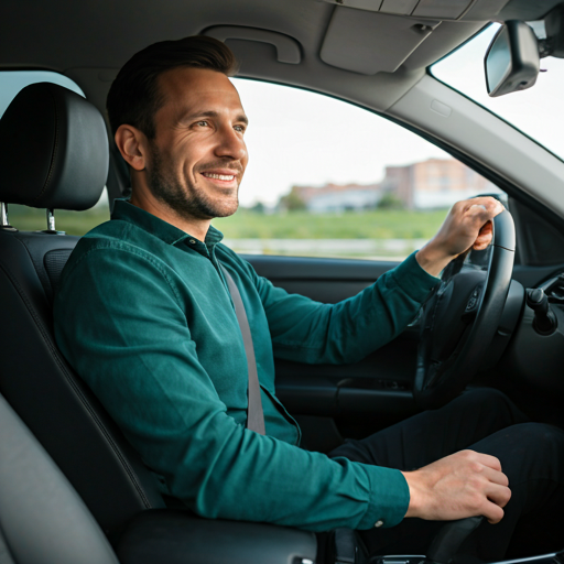 Erfahrene Begleitperson lächelt auf dem Beifahrersitz eines modernen Autos
